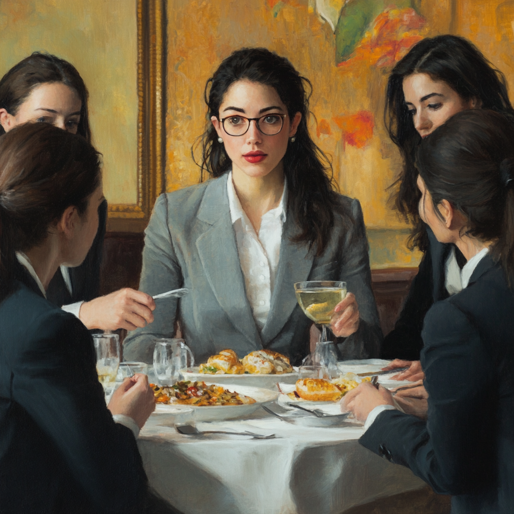 The woman with her colleagues, dining at a cafe | Source: Midjourney