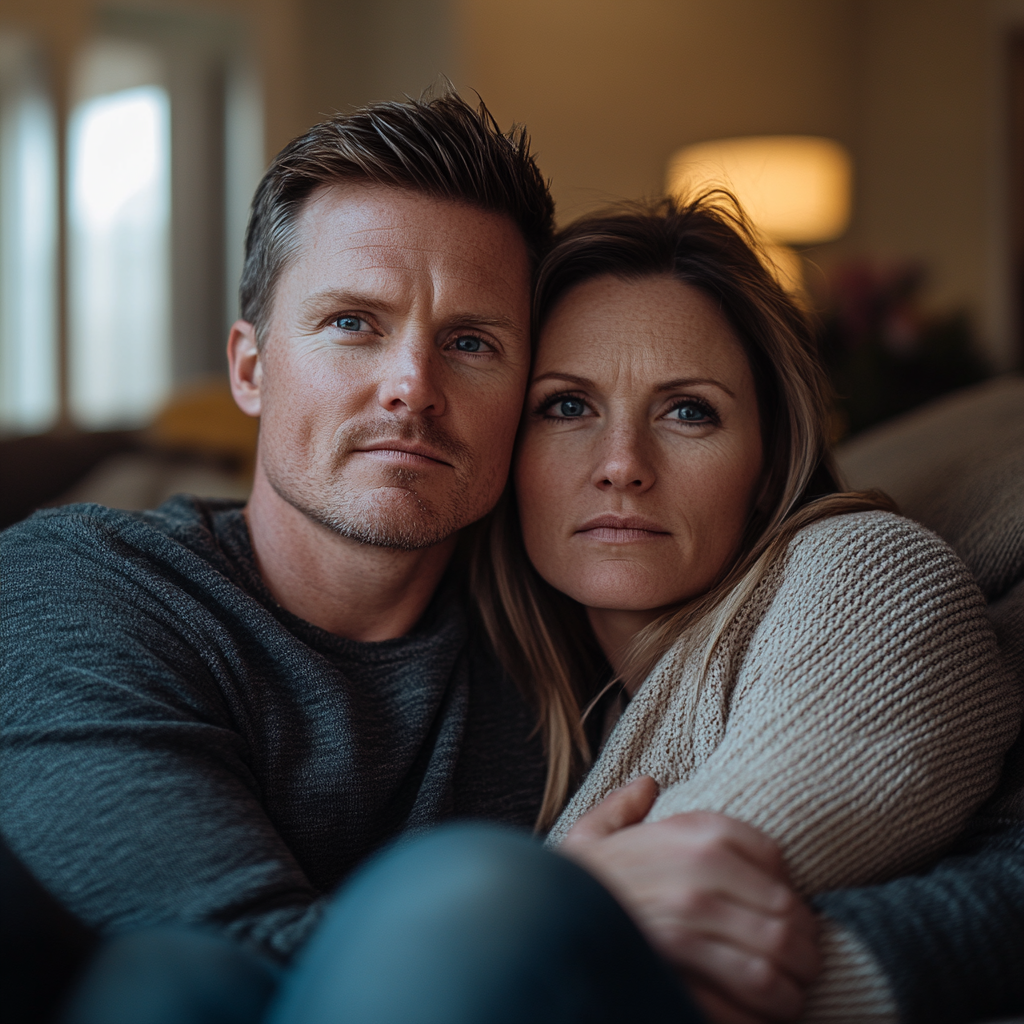 A thoughtful couple sitting on a couch | Source: Midjourney