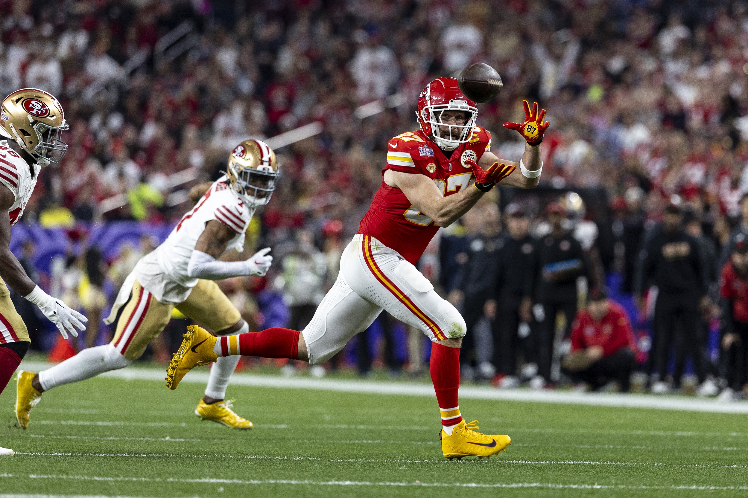 Travis Kelce during the NFL Super Bowl 58 football game at Allegiant Stadium on February 11, 2024, in Las Vegas, Nevada | Source: Getty Images