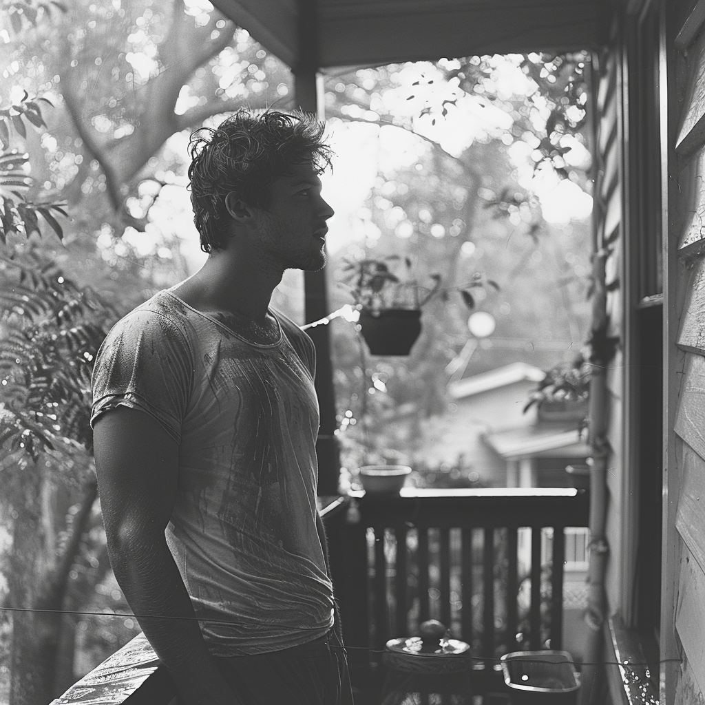 An angry young man on the porch | Source: Midjourney