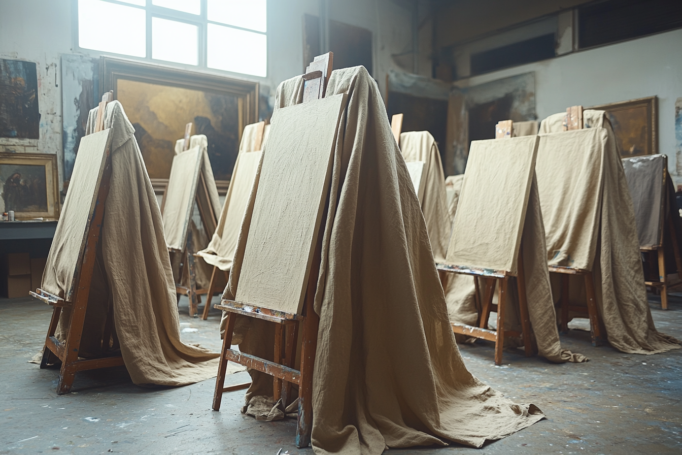 A room full of painting easels covered in beige cloth | Source: Midjourney