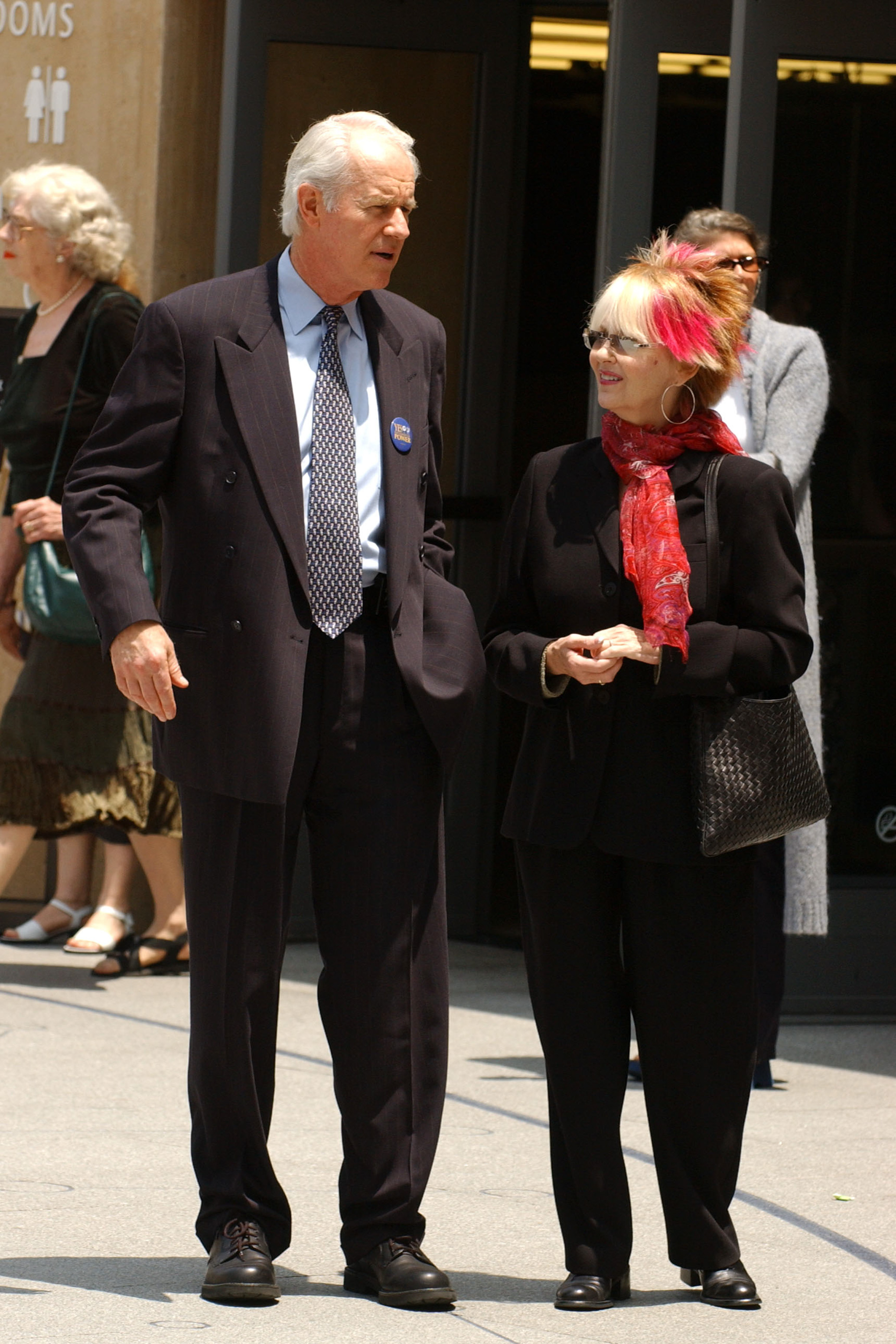 Mike Farrell and Shelley Fabares pictured at the funeral service of Gregory Peck at the Cathedral of Our Lady of the Angels on June 16, 2003 in Los Angeles, California | Source: Getty Images