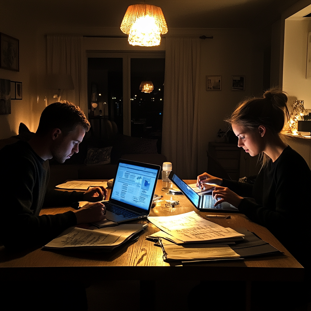 A couple working at a dining table | Source: Midjourney