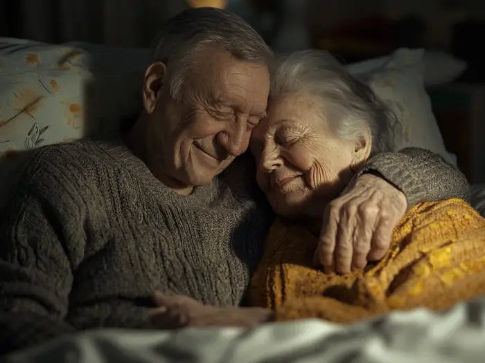 An elderly couple happily together in bed | Source: Midjourney