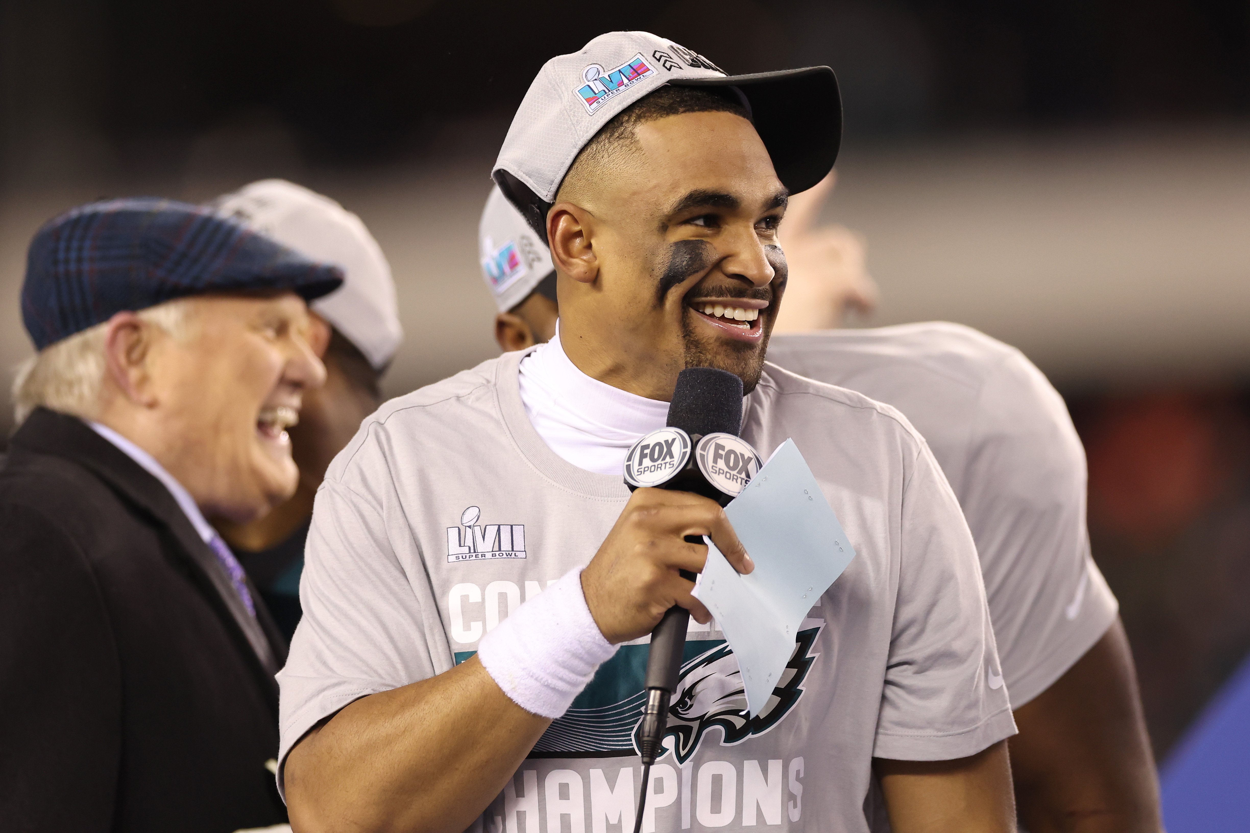 Jalen Hurts is pictured as he celebrates after defeating the San Francisco 49ers to win in the NFC Championship Game at Lincoln Financial Field on January 29, 2023, in Philadelphia, Pennsylvania | Source: Getty Images