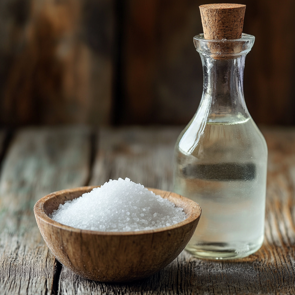 A bowl of salt and a bottle of vinegar | Source: Midourney