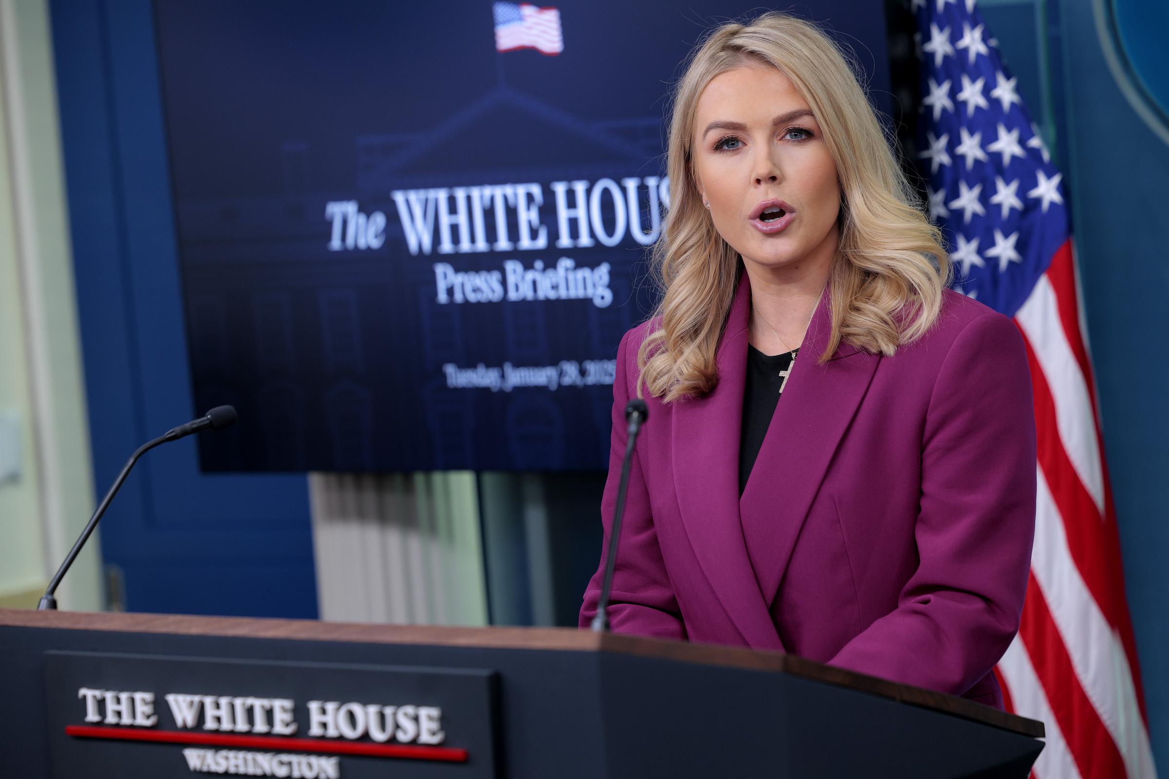 White House Press Secretary Karoline Leavitt holding her first press conference briefing on Donald Trump's second term in Washington, D.C., on January 28, 2025. | Source: Getty Images