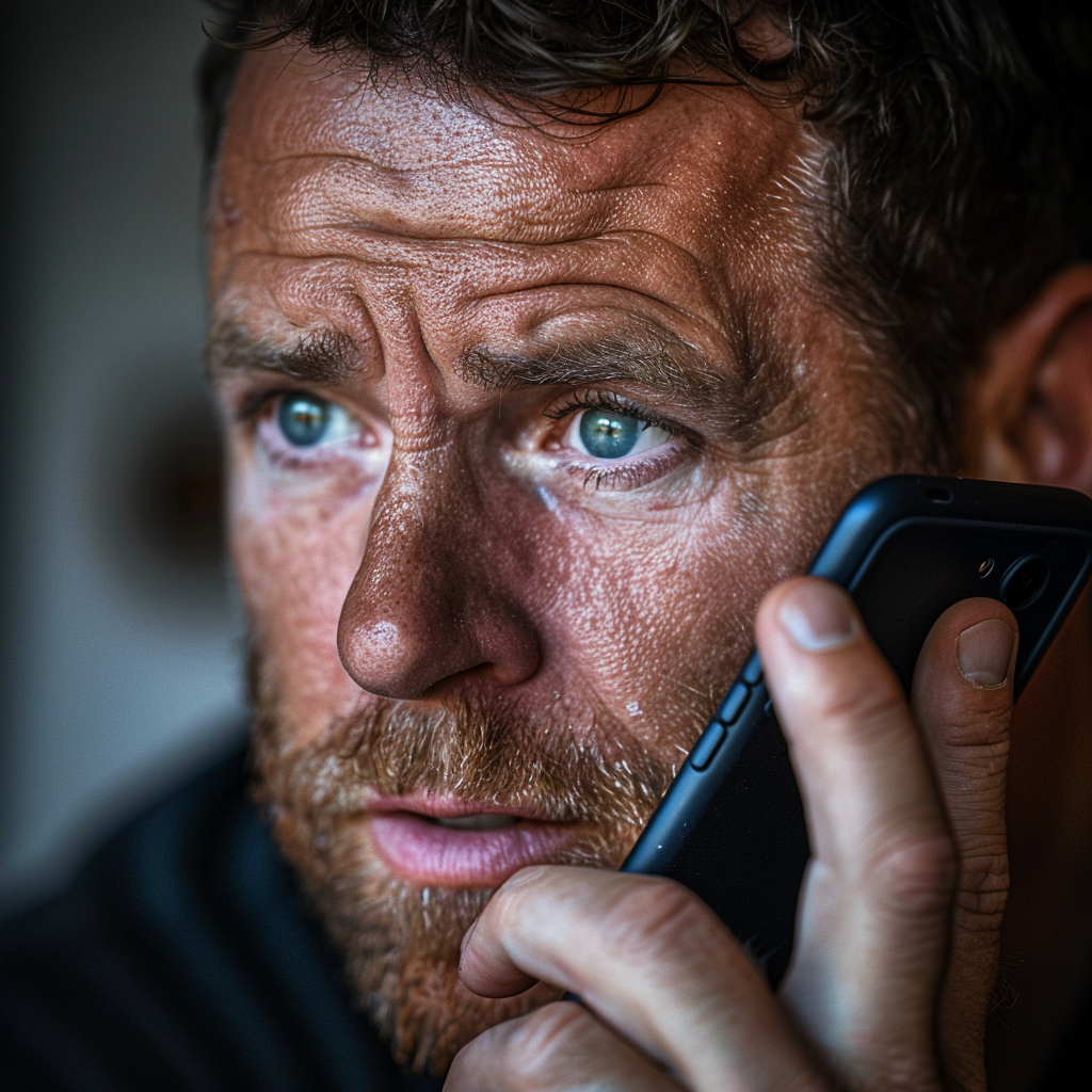 An upset man talking on the phone | Source: Midjourney