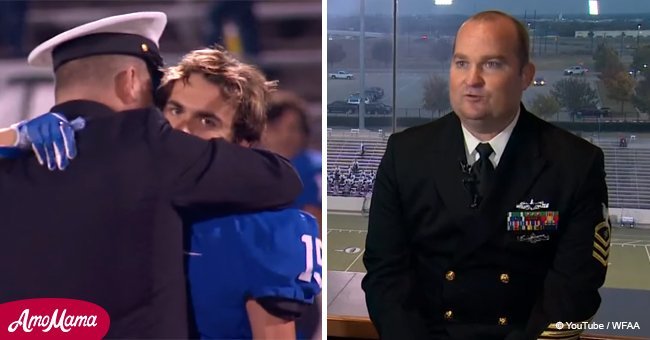 Boy convinced that military dad in another country when announcer asks him to turn around 