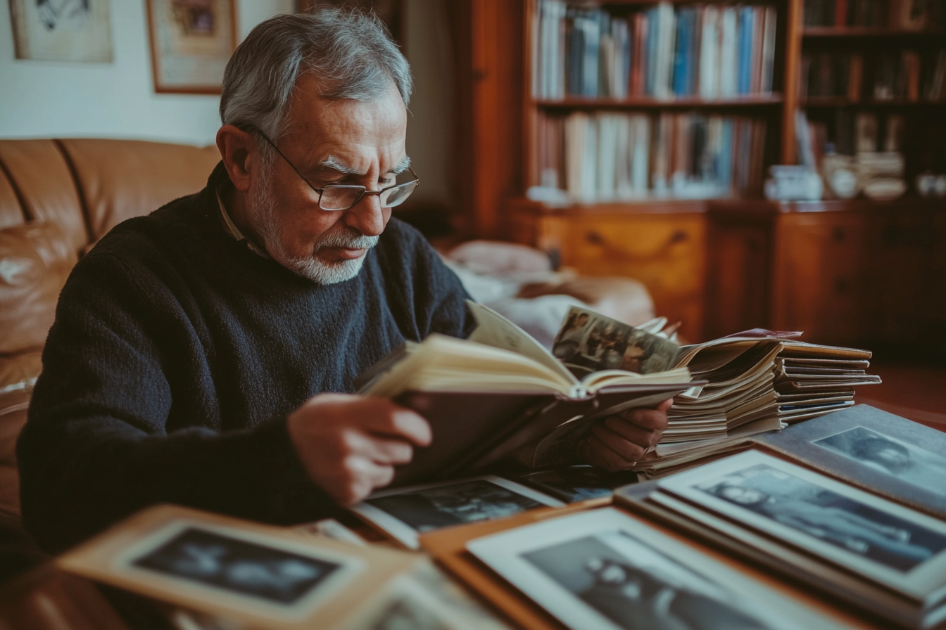 A man paging through photo albums | Source: Midjourney