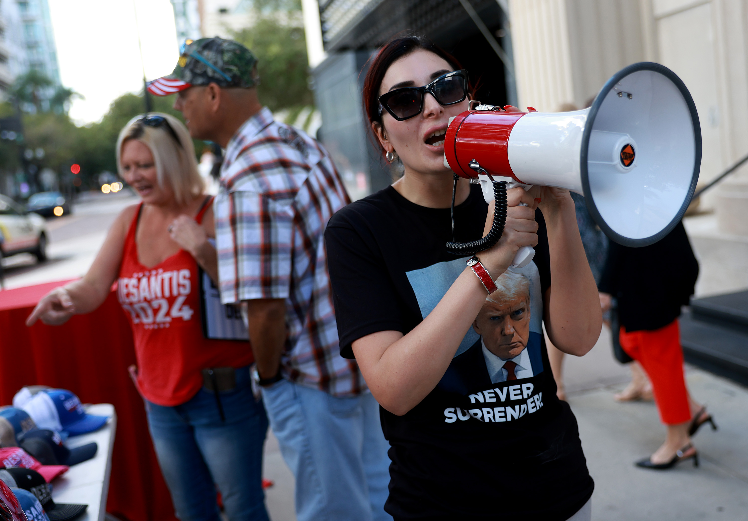 Laura Loomer shouting into a megaphone during a campaign event in Tampa, Florida on October 5, 2023. | Source: Getty Images
