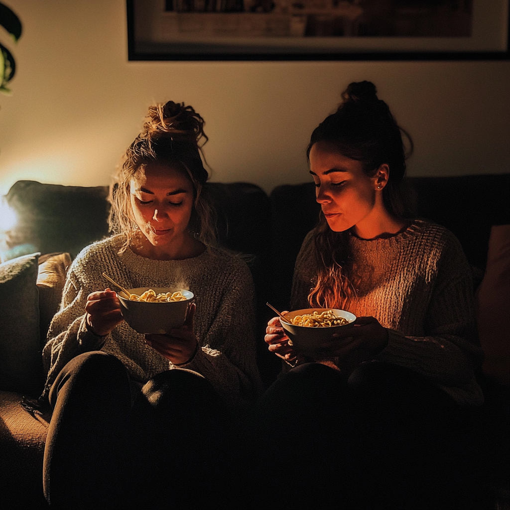 Two women sitting and eating together | Source: Midjourney