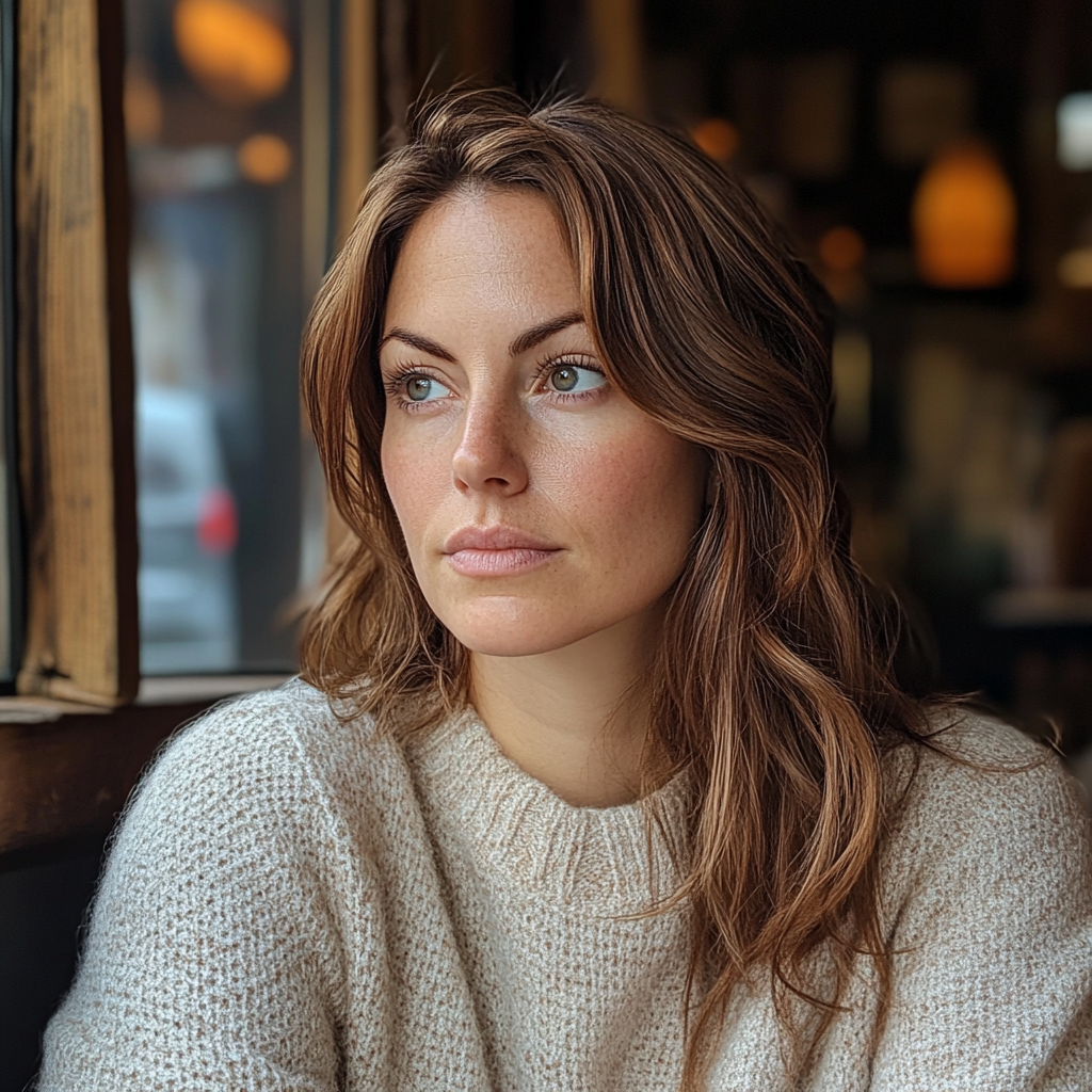 A close up of a woman sitting in a cafe | Source: Midjourney