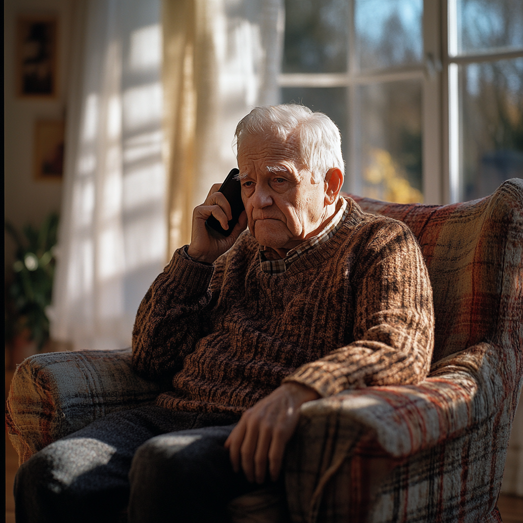 A sad man talking on his phone | Source: Midjourney