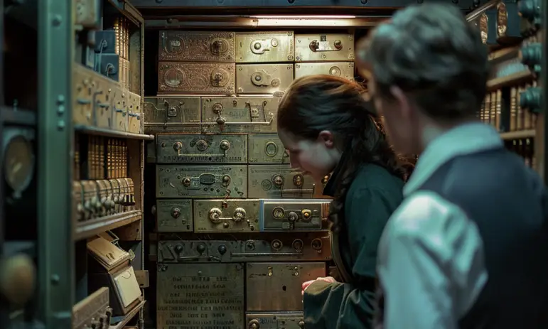 Emma peers closely at some of the items in the vault, while Mr. Harris looks on