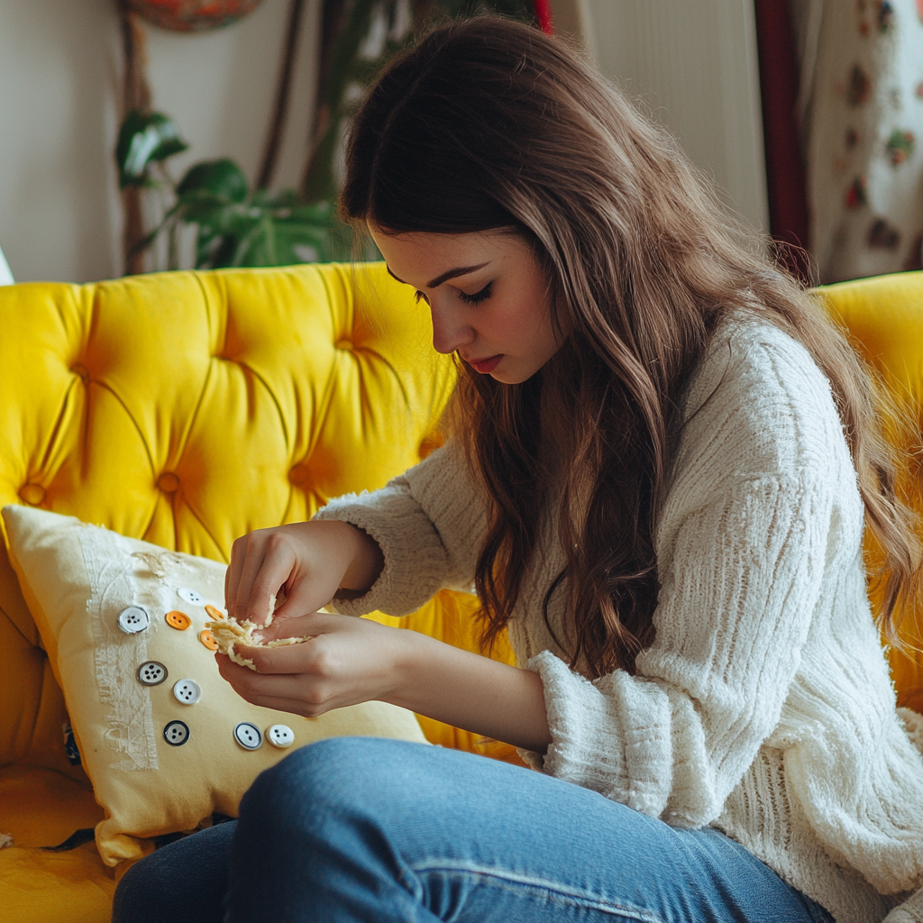 A young woman sitting on a couch and looking through buttons | Source: Midjourney