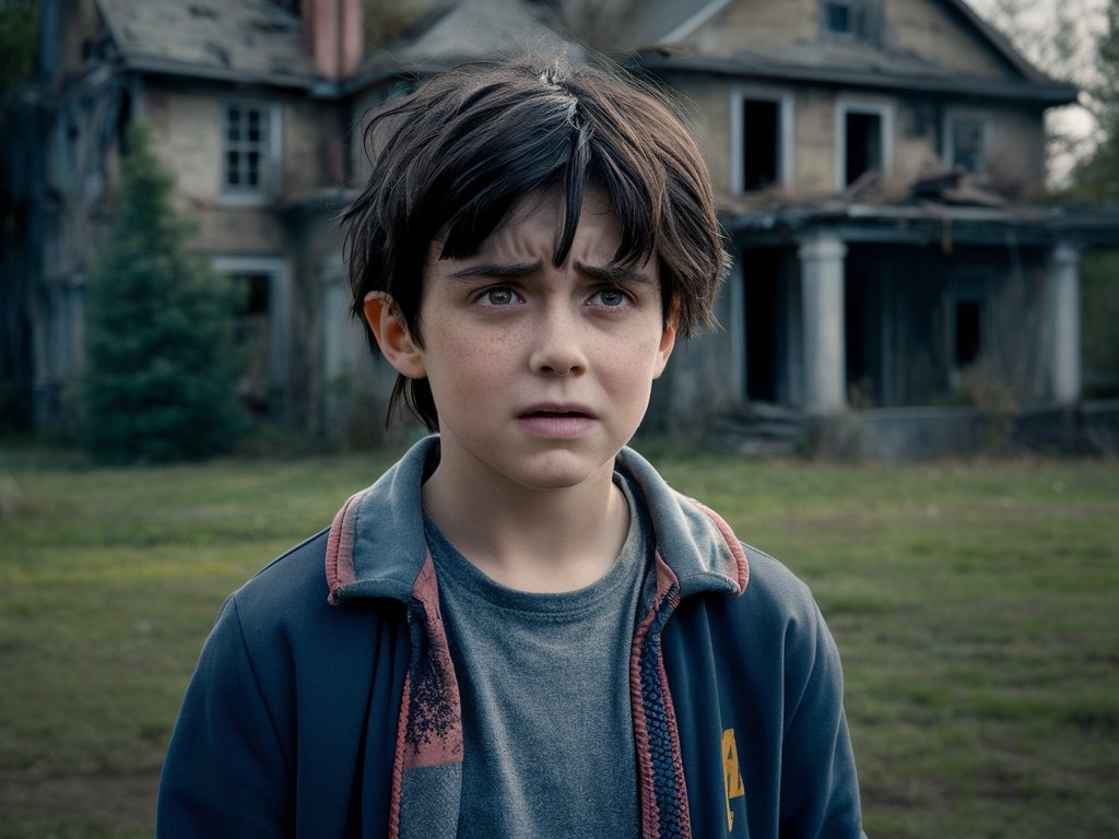 A worried-looking young boy in front of a run-down house | Source: Midjourney