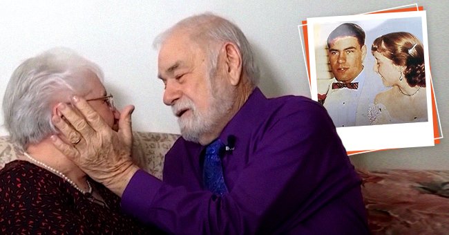 Annette Callahan and Bob Harvey looking into each other’s eyes with a picture of them together when they were younger. │Source: youtube.com/WSLS 10