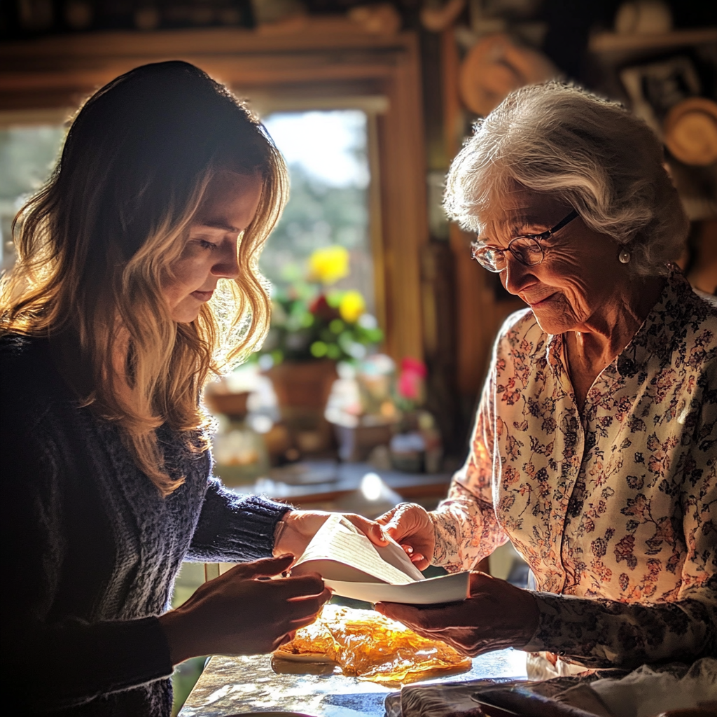 Woman handing an envelope to her mother in law | Source: Midjourney