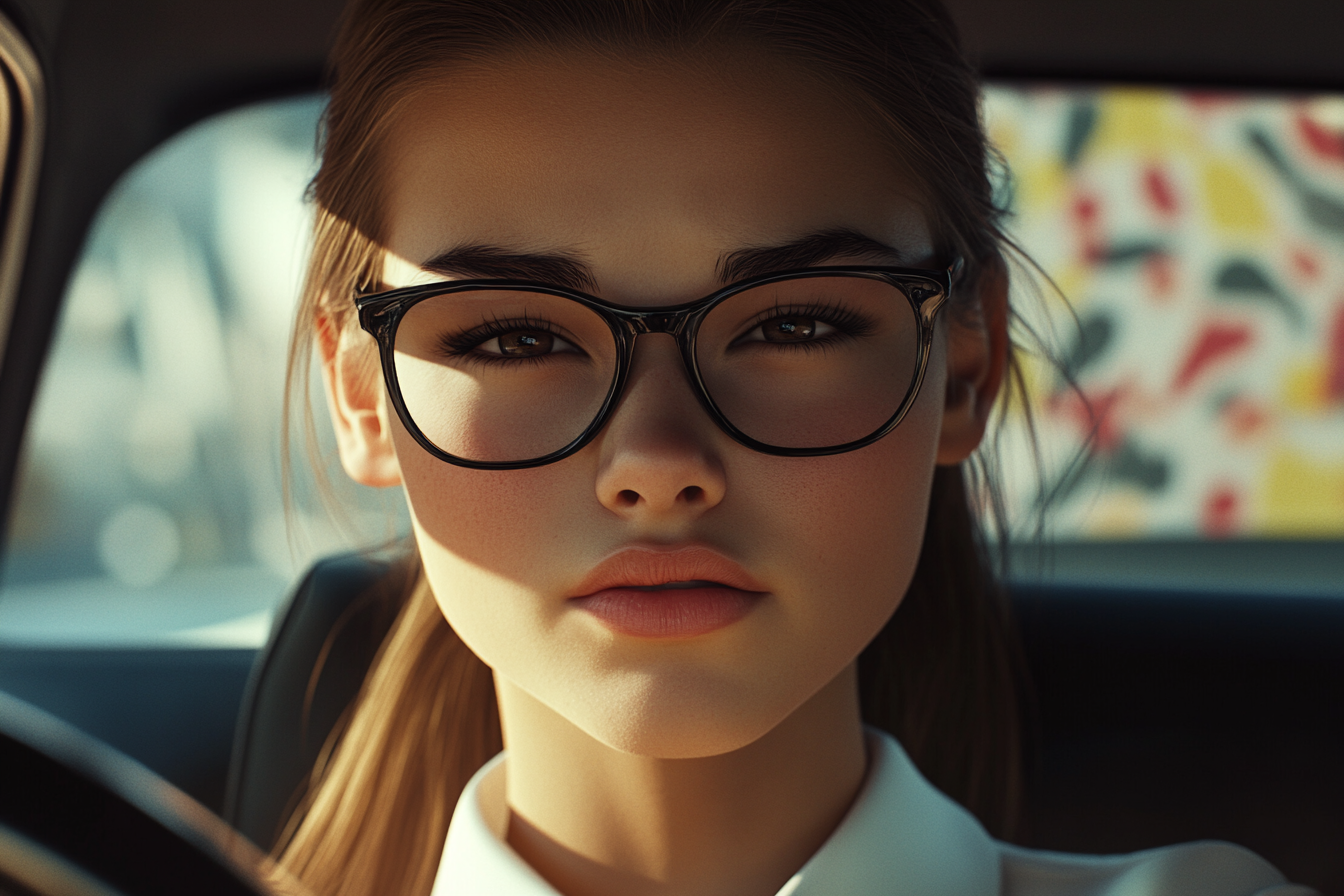 A woman in a car, looking angry | Source: Midjourney