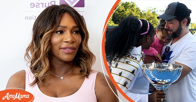 Serena Williams at the Allstate Foundation Purple Purse and the launch of a national street art campaign on June 20, 2018, in New York City, and her with Alexis Olympia and Alexis Ohanian at ASB Tennis Centre on January 12, 2020, in Auckland, New Zealand. | Source: Roy Rochlin & Hannah Peters/Getty Images