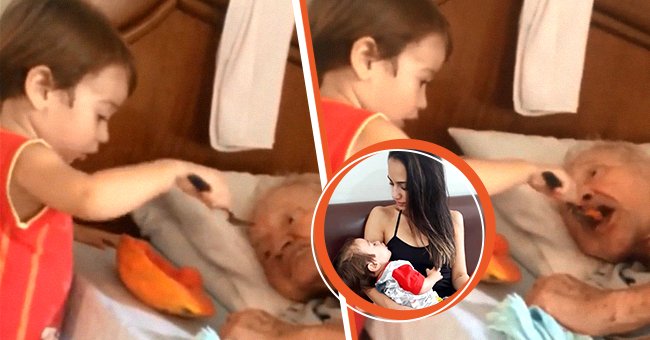 [Main] A little boy feeding his grandfather; [Inset] The mother Michelle Botta holding the sleeping little boy in her lap. | Source: facebook.com/michelle.botta.56