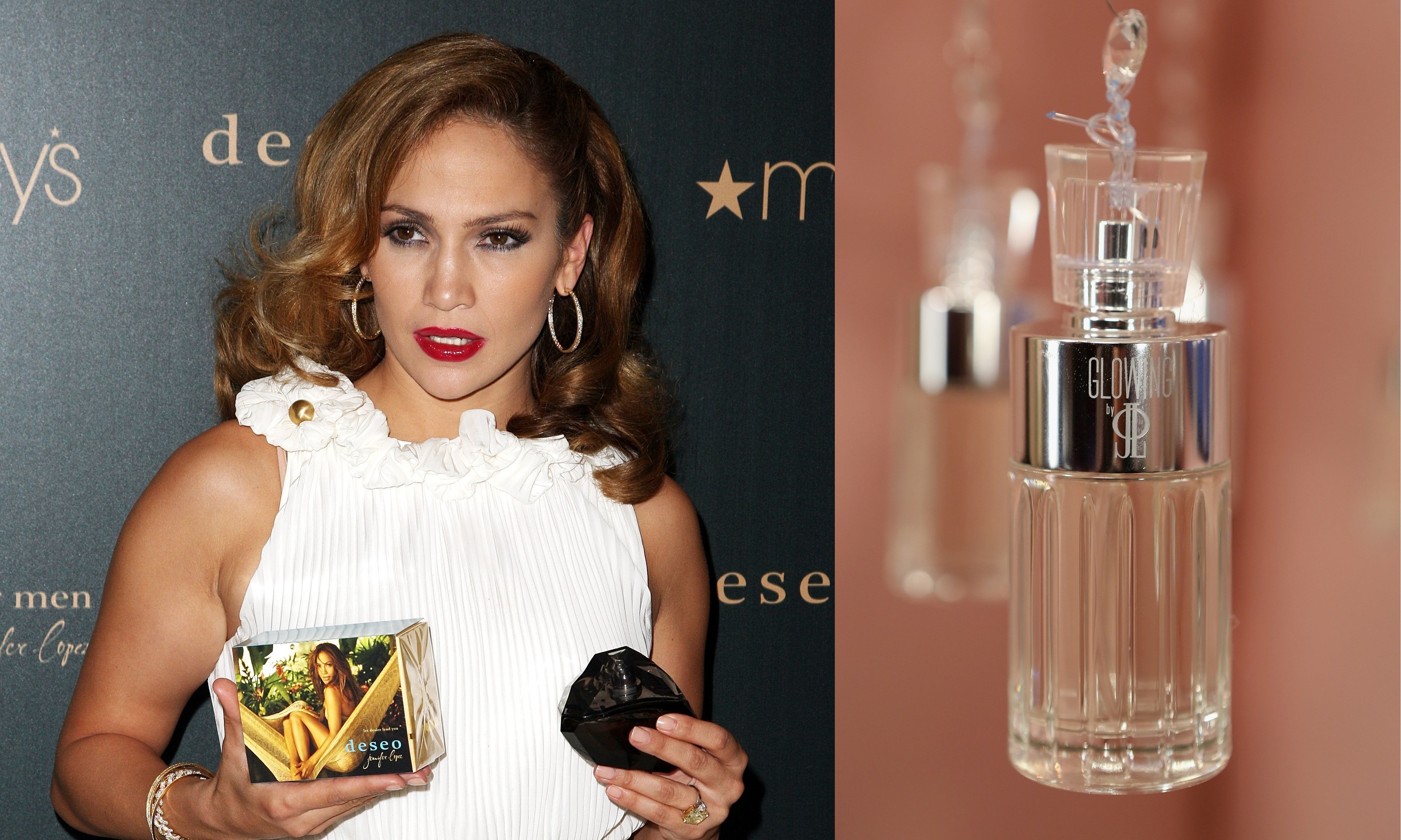 Jennifer López en la presentación de su fragancia "Deseo For Men" en Macy's de Herald Square, en Nueva York, en septiembre de 2008 (izq) y botella de "Glowing", fragancia femenina presentada en el Hotel Bel Air en mayo de 2012 en Los Ángeles, California (der) || Fuente: Getty Images Jennifer López en la presentación de su fragancia "Deseo For Men" en Macy's de Herald Square, en Nueva York, en septiembre de 2008 (izq) y botella de "Glowing", fragancia femenina presentada en el Hotel Bel Air en mayo de 2012 en Los Ángeles, California (der) || Fuente: Getty Images