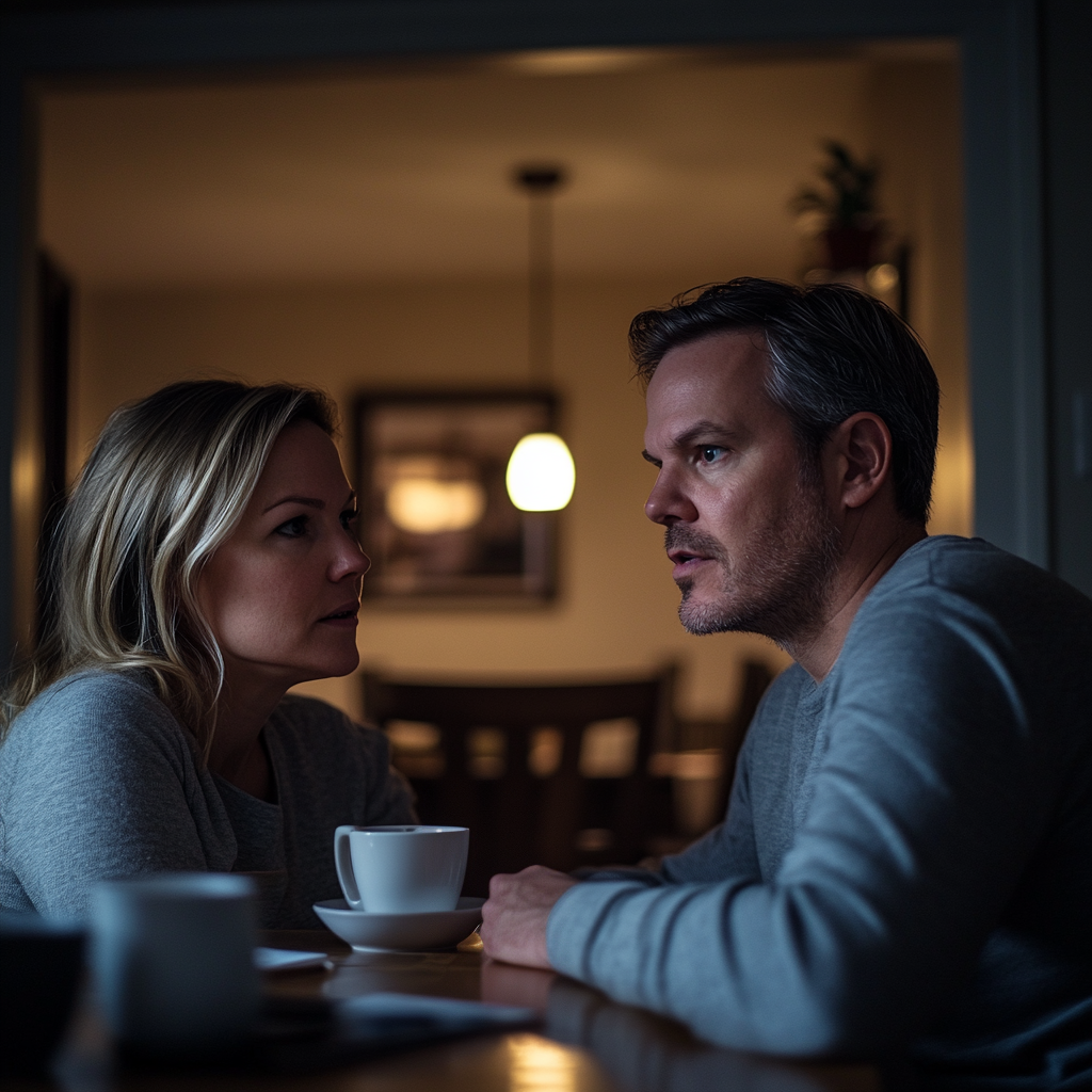 A couple sitting at the kitchen table and talking | Source: Midjourney