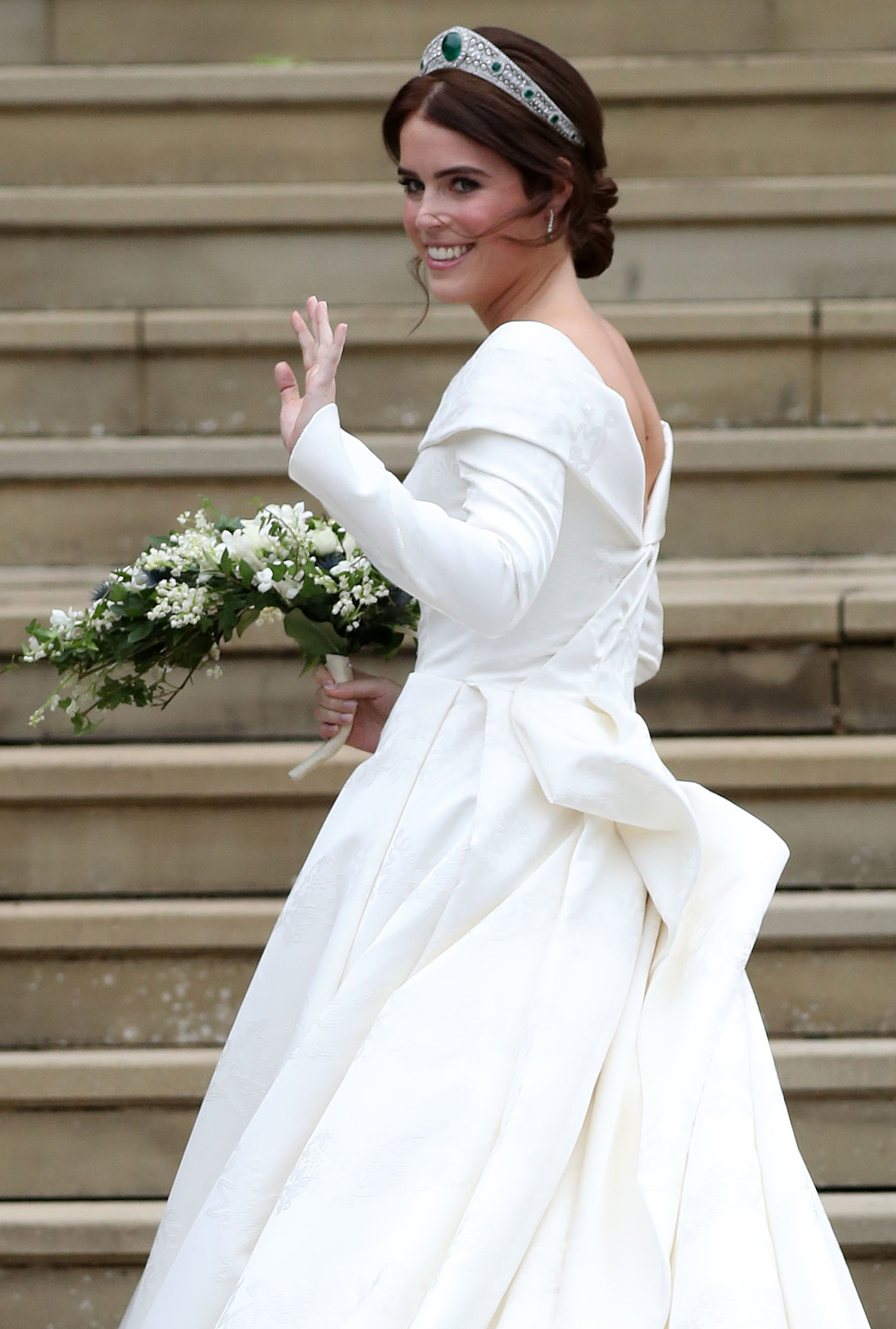 Princess Eugenie waves during her wedding to Jack Brooksbank at St. George's Chapel, Windsor Castle, on October 12, 2018.