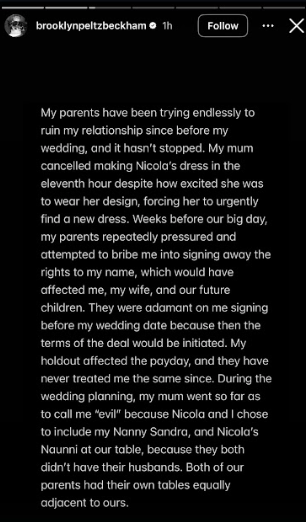 Another portion of Brooklyn Beckham's statement about the rift between him and his family. | Source: Instagram/brooklynpeltzbeckham