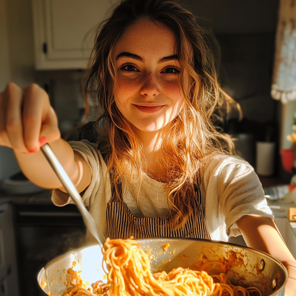 A woman cooking with a forced smile | Source: Midjourney