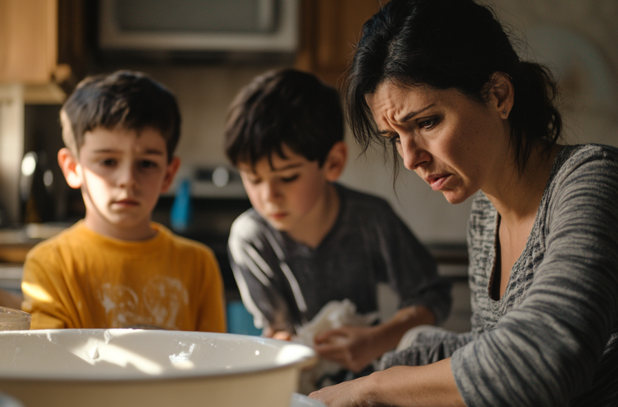 A woman doing chores with her kids | Source: Midjourney