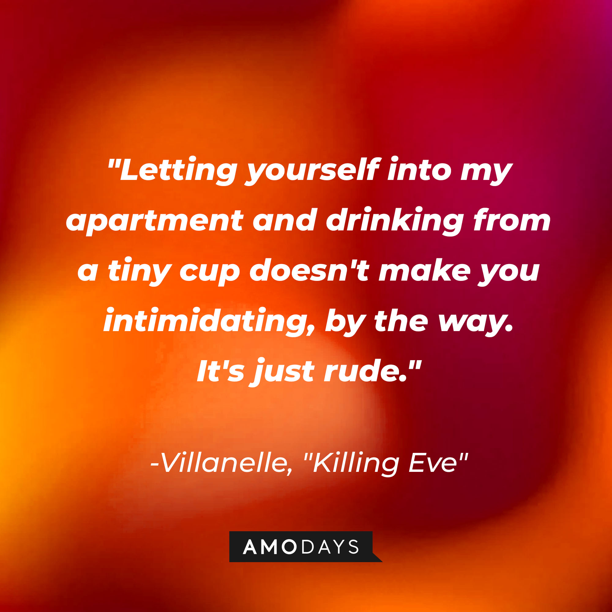 Villanelle's quote: "Letting yourself into my apartment and drinking from a tiny cup doesn't make you intimidating, by the way. It's just rude." | Source: Amodays
