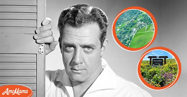 Portrait of Raymond Burr as the lawyer Perry Mason on January 1, 1957 [left], Aerial view of Raymond Burr Vineyards [top right], A picture of the signage at Raymond Burr Vineyards [bottom right] | Source: Getty Images, Facebook.com/raymondburrvineyards 
