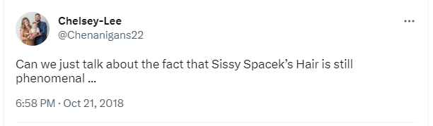 A fan tweets about Sissy Spacek's looks on Twitter | Source: Twitter/Chenanigans22