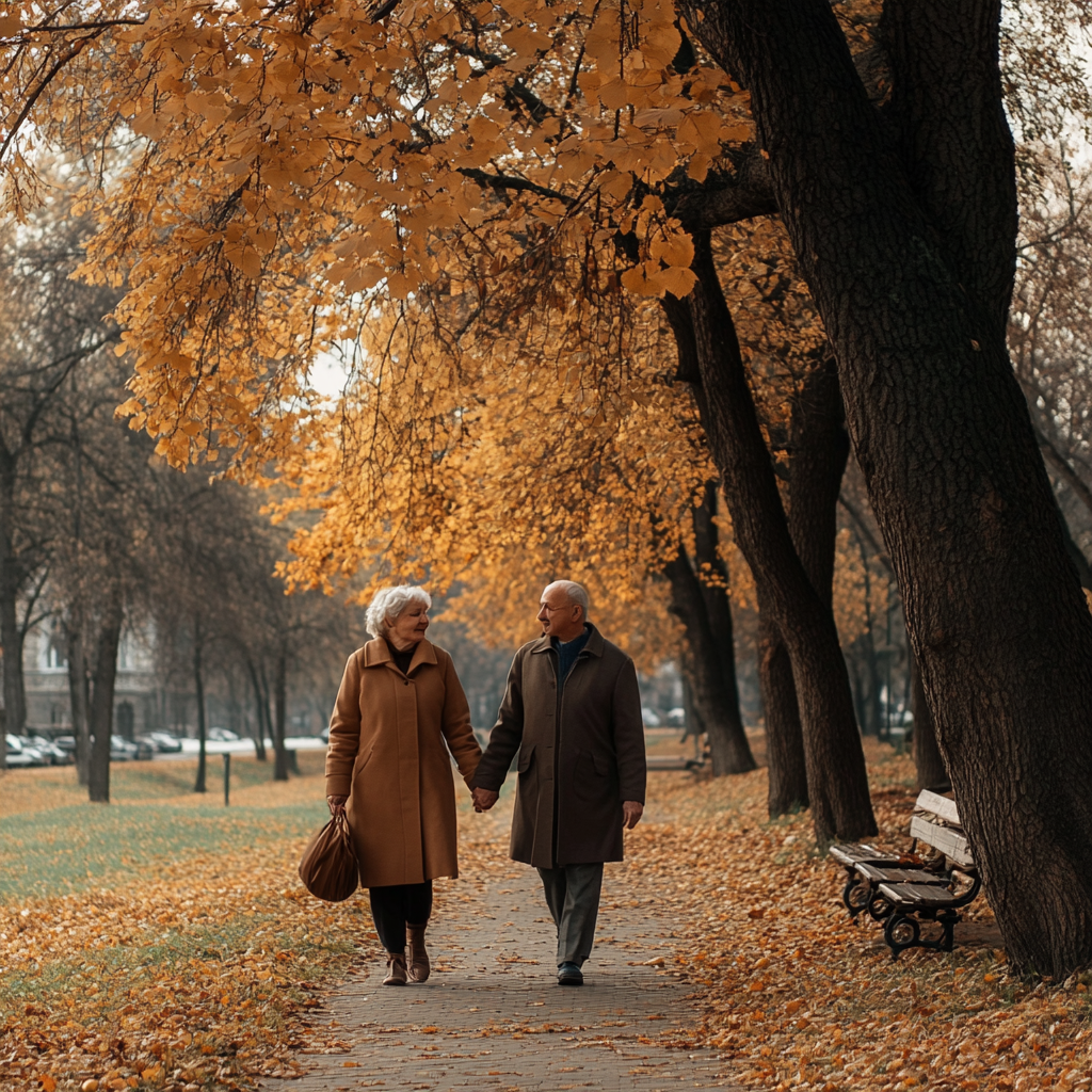 A happy elderly couple walking | Source: Midjourney