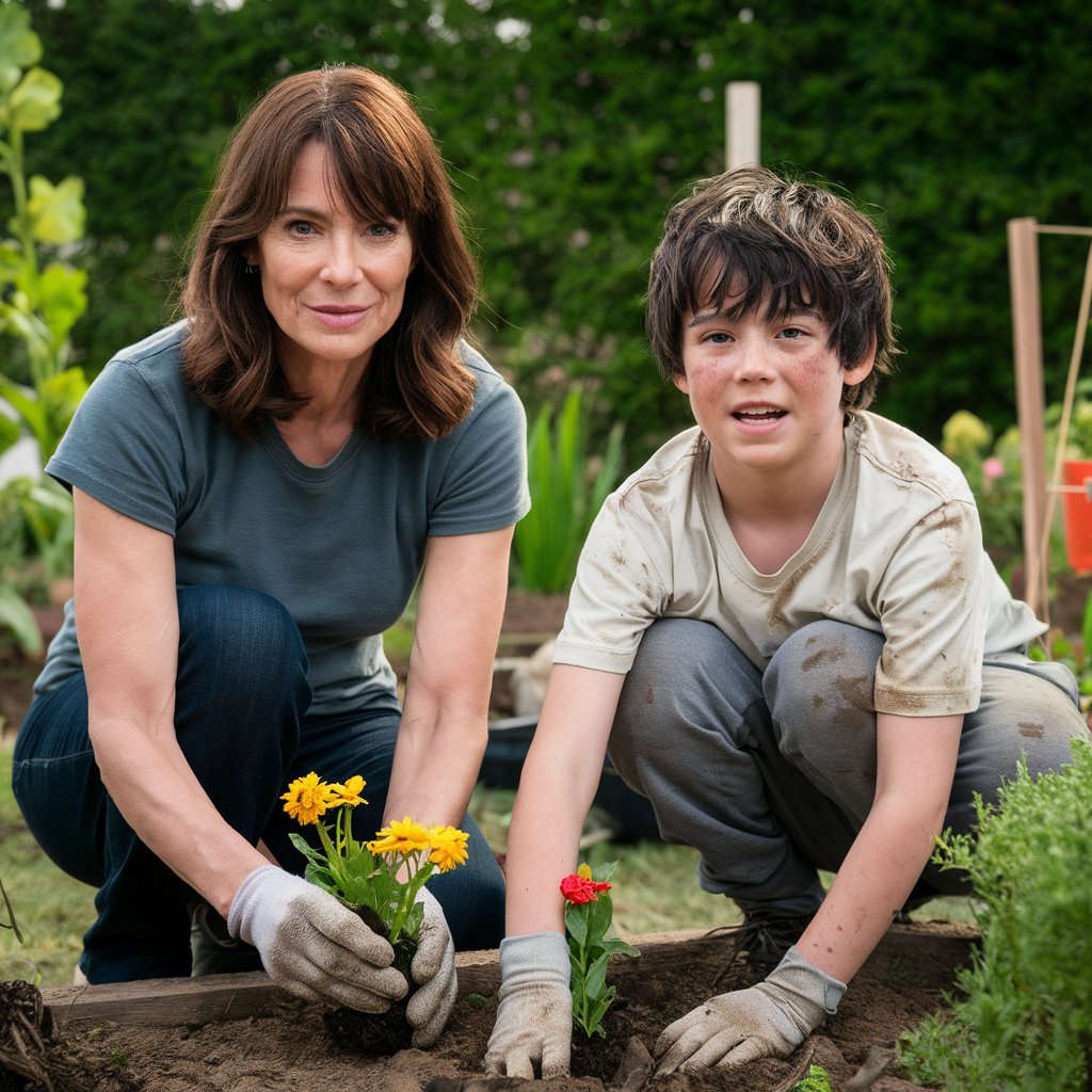 A woman and a boy working in a garden, planting flowers | Source: Midjourney