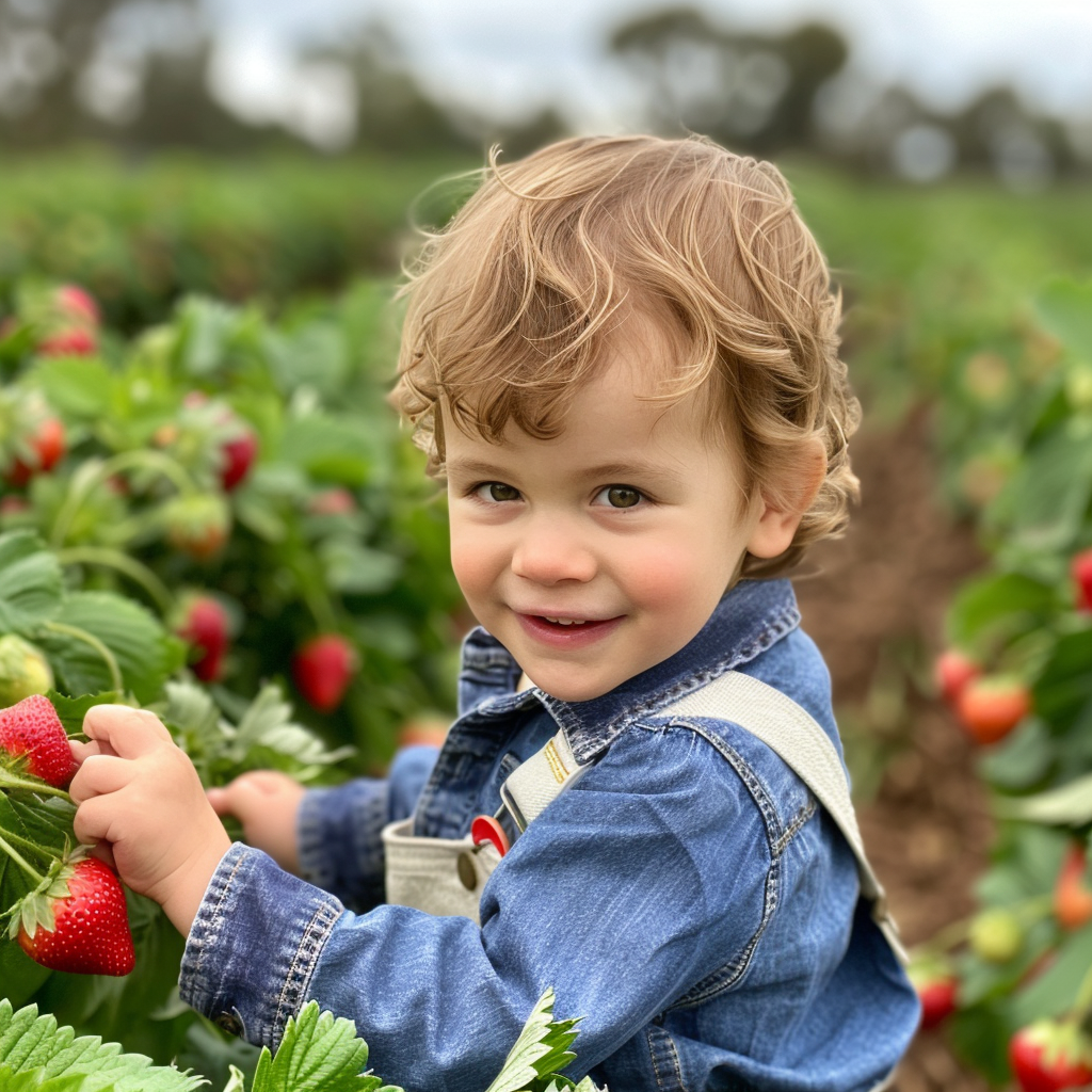 A toddler at a strawberry patch | Source: Midjourney