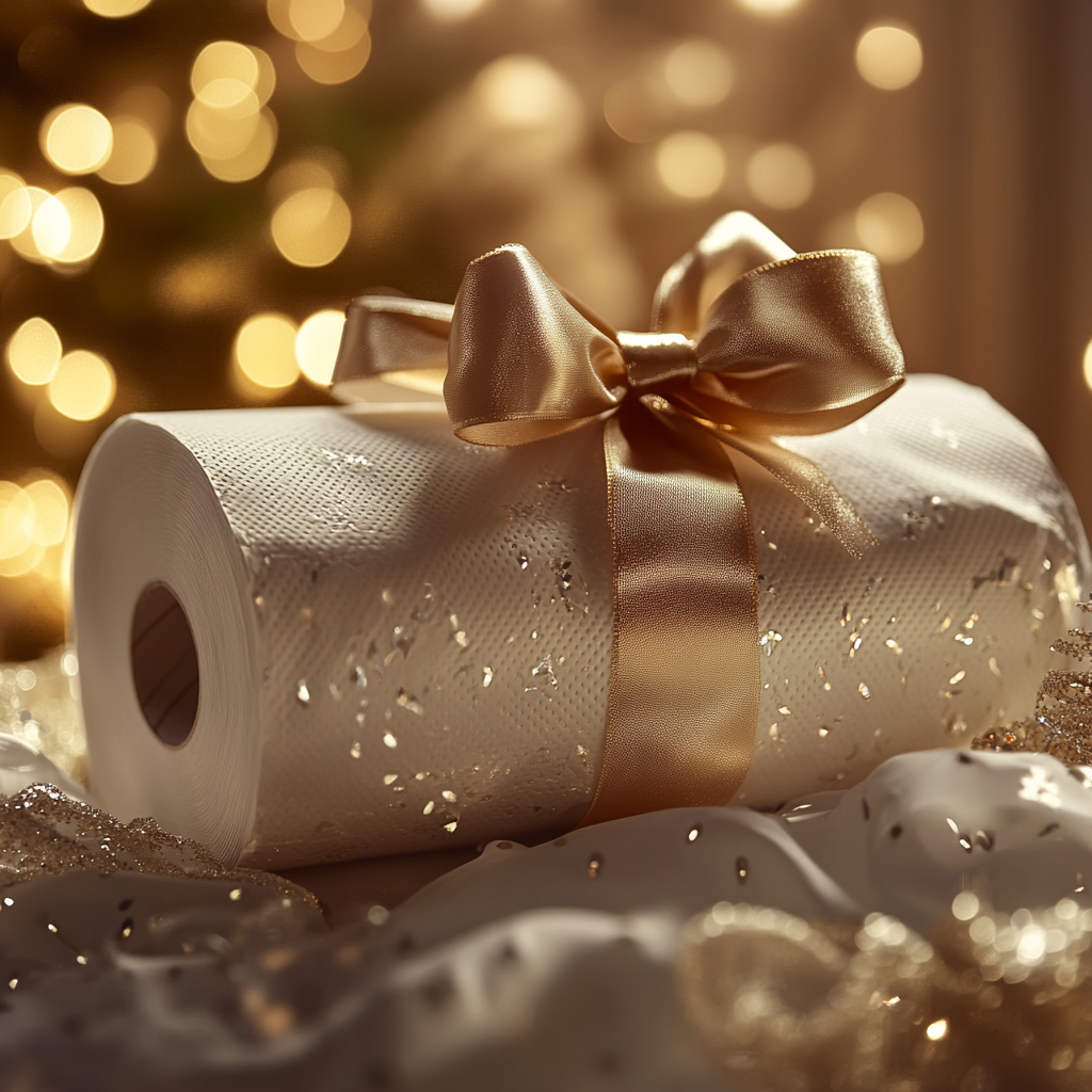 A roll of toilet paper wrapped in golden satin ribbon | Source: Midjourney