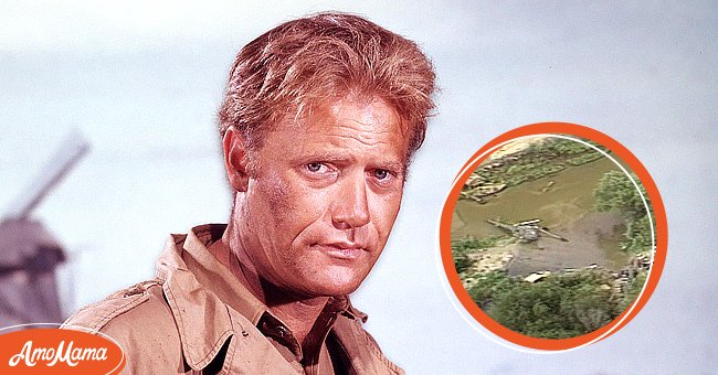 Vic Morrow as Sergeant Chip Saunders on TV show "Combat", circa 1966 [left]. A still image of the helicopter crash that killed Vic Marrow on set [right]  | Photo: Getty Images || youtube.com/NBCLA