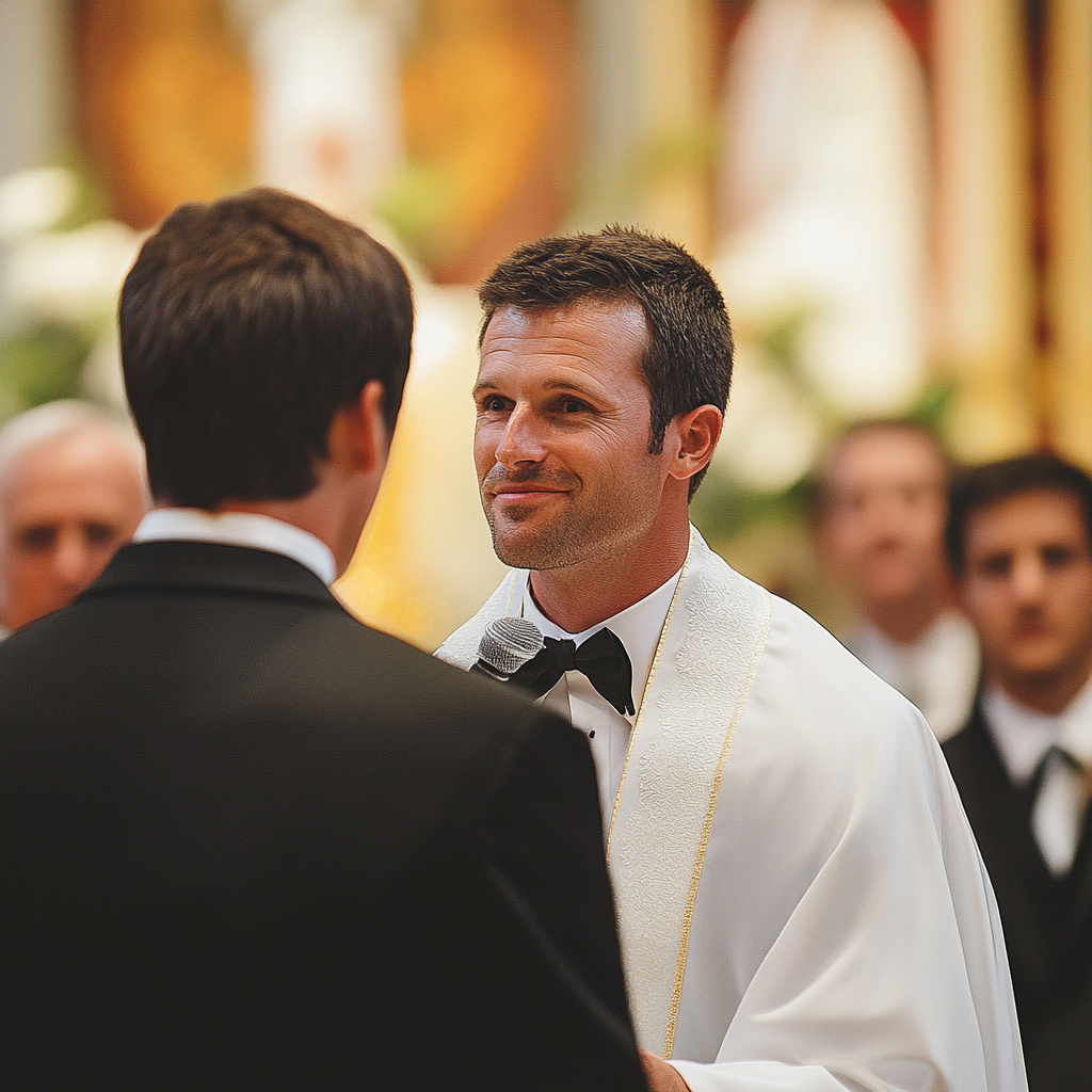 Pastor smiling at the groom | Source: Midjourney