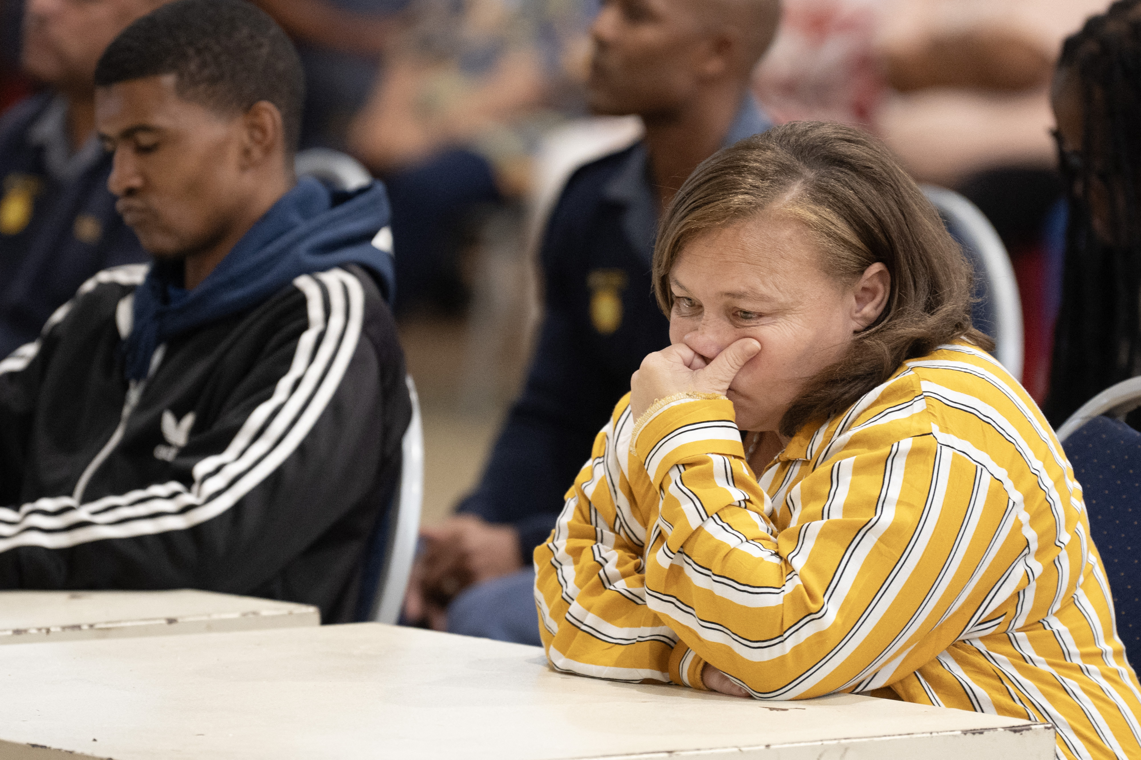 Racquel Smith reacts after being found guilty of charges of human trafficking and kidnapping with co-accused unseen Steveno van Rhyn and unseen Jacquen Appollis, in Saldanha Bay on May 2, 2025 | Source: Getty Images