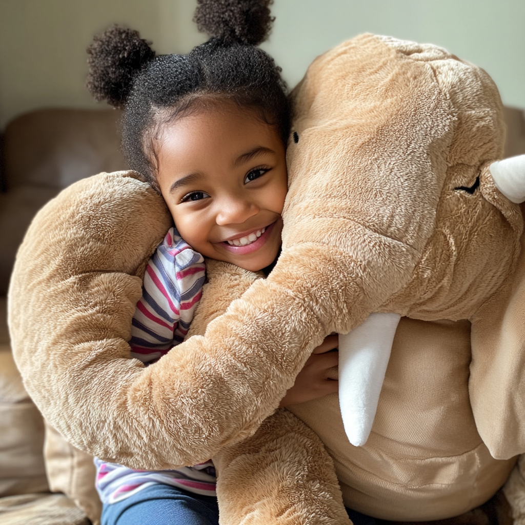 Little girl holding a giant stuffed elephant toy | Source: Midjourney