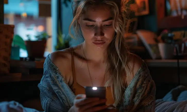 A woman in her bedroom at night, looking at her phone | Source: Midjourney