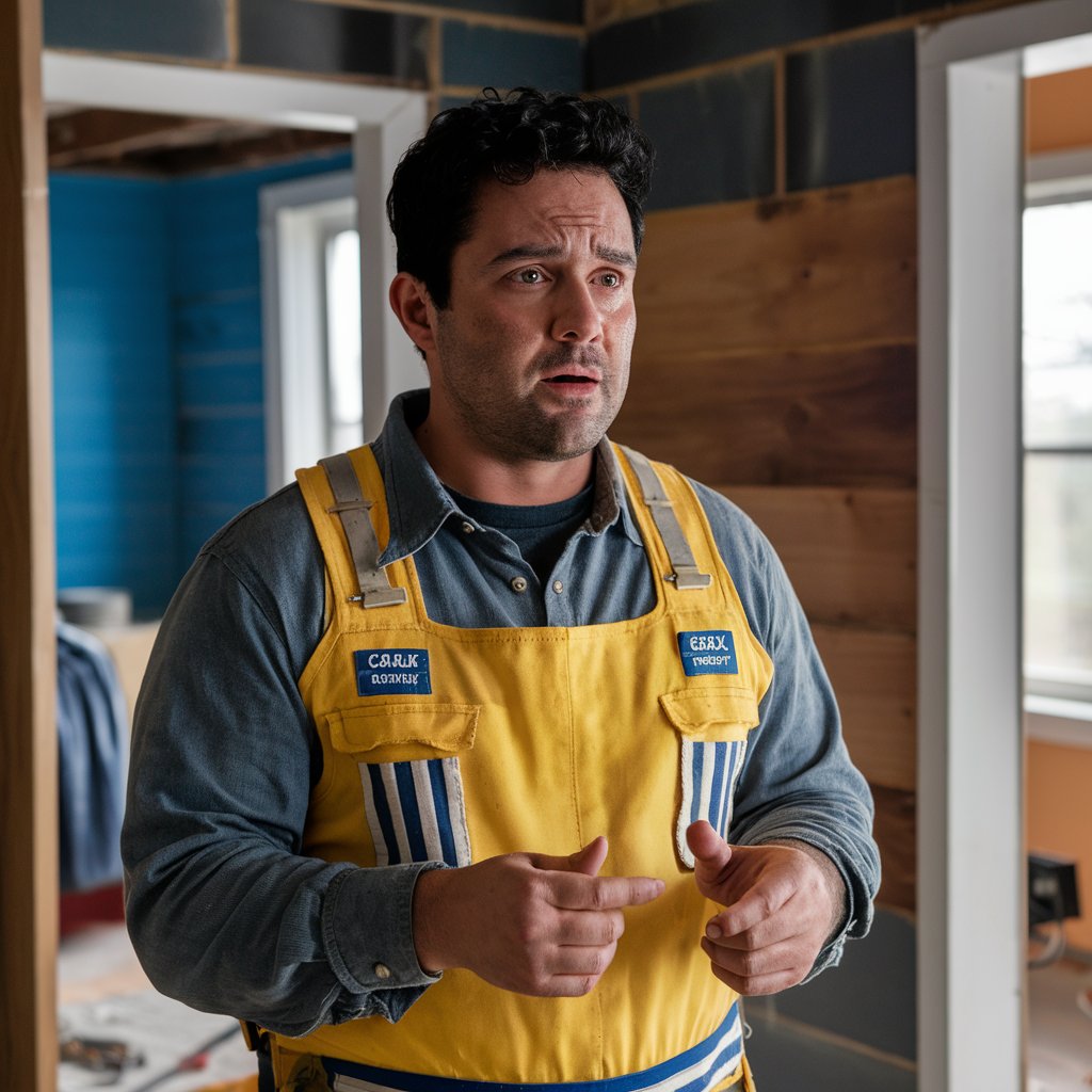 A construction worker in a home under renovation, looking worried | Source: Midjourney