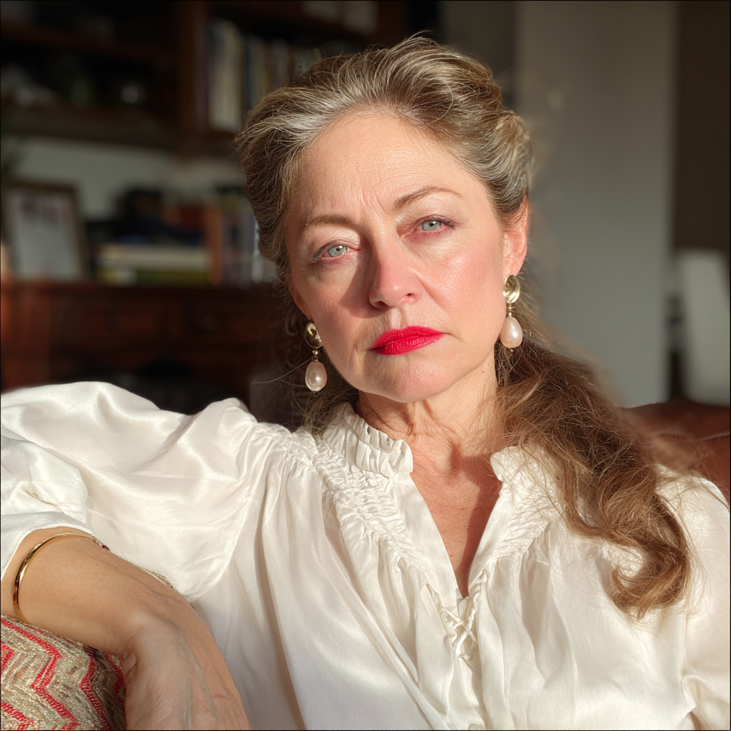 An emotional older woman sitting on a couch | Source: Midjourney