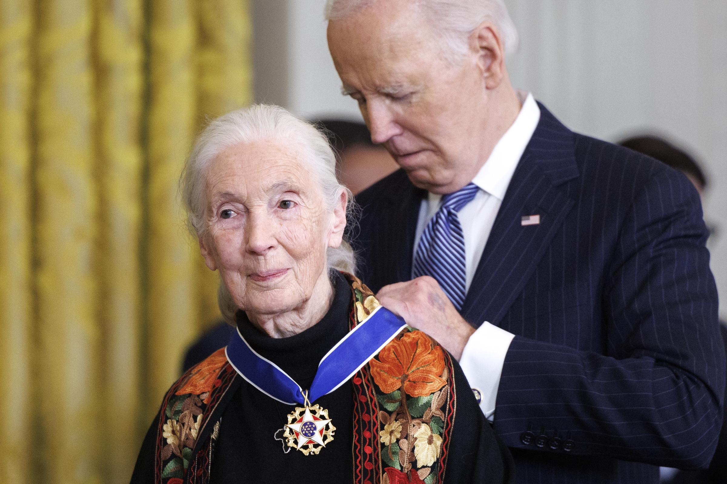 Ethologist and conservationist Dr. Jane Goodall is awarded the Presidential Medal of Freedom by former President Joe Biden in the East Room of the White House on January 4, 2025 in Washington, DC. | Source: Getty Images