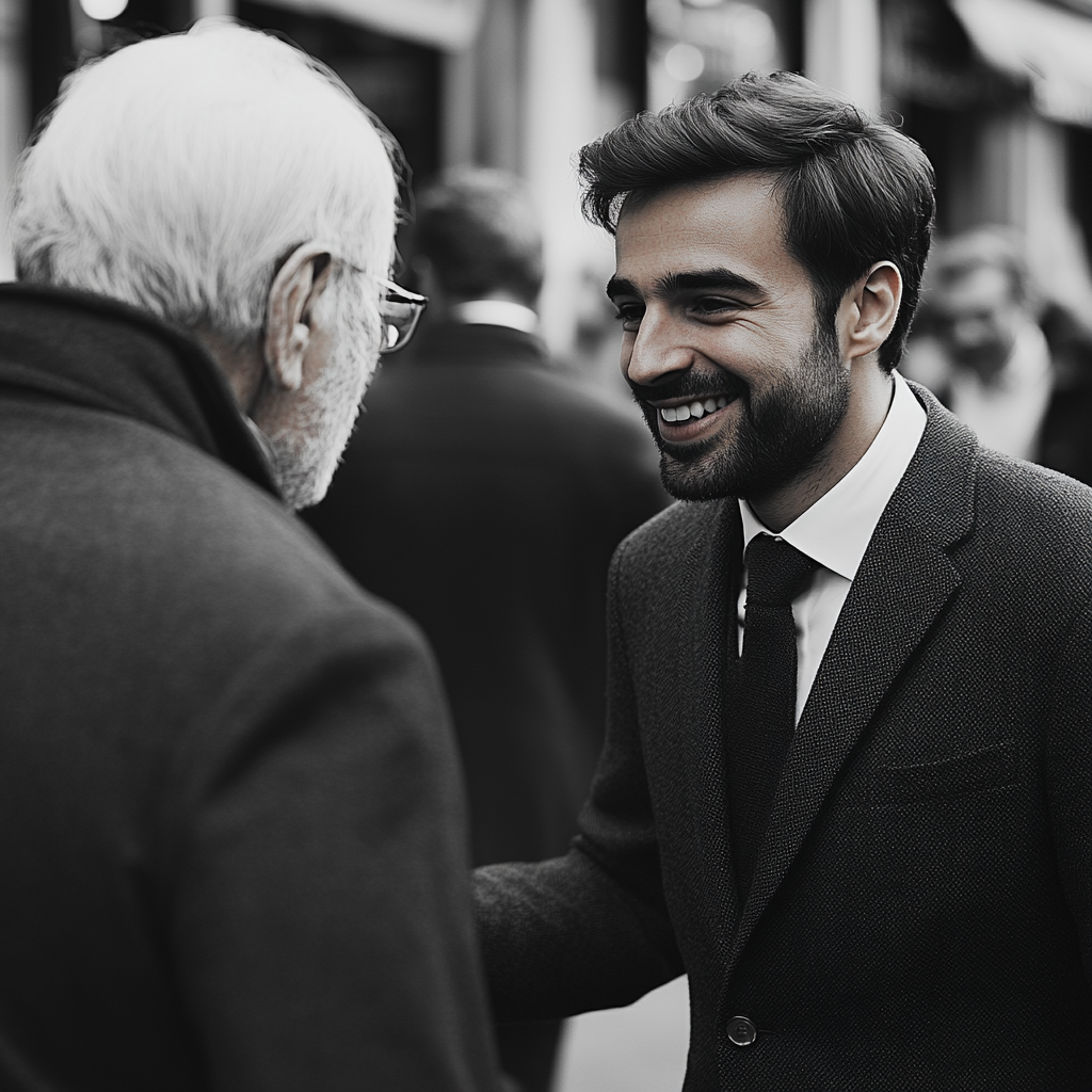 A young business man smiling while talking to an elderly man | Source: Midjourney