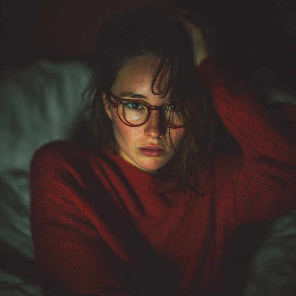 A woman sitting on her bed and holding her head | Source: Midjourney