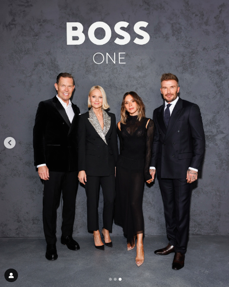 David and Victoria Beckham posing for a picture with Daniel Grieder and Louise Camuto at the event, posted on January 31, 2025. | Source: Instagram/davidbeckham